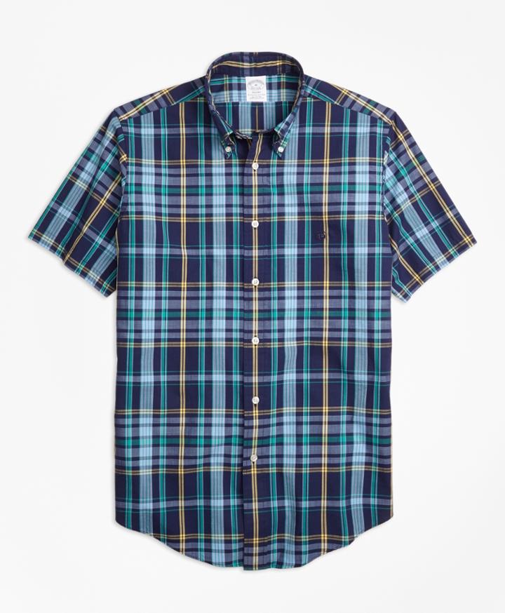 Brooks Brothers Men's Regent Fit Slub Cotton Dark-blue Plaid Short-sleeve Sport Shirt