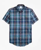 Brooks Brothers Men's Regent Fit Slub Cotton Dark-blue Plaid Short-sleeve Sport Shirt