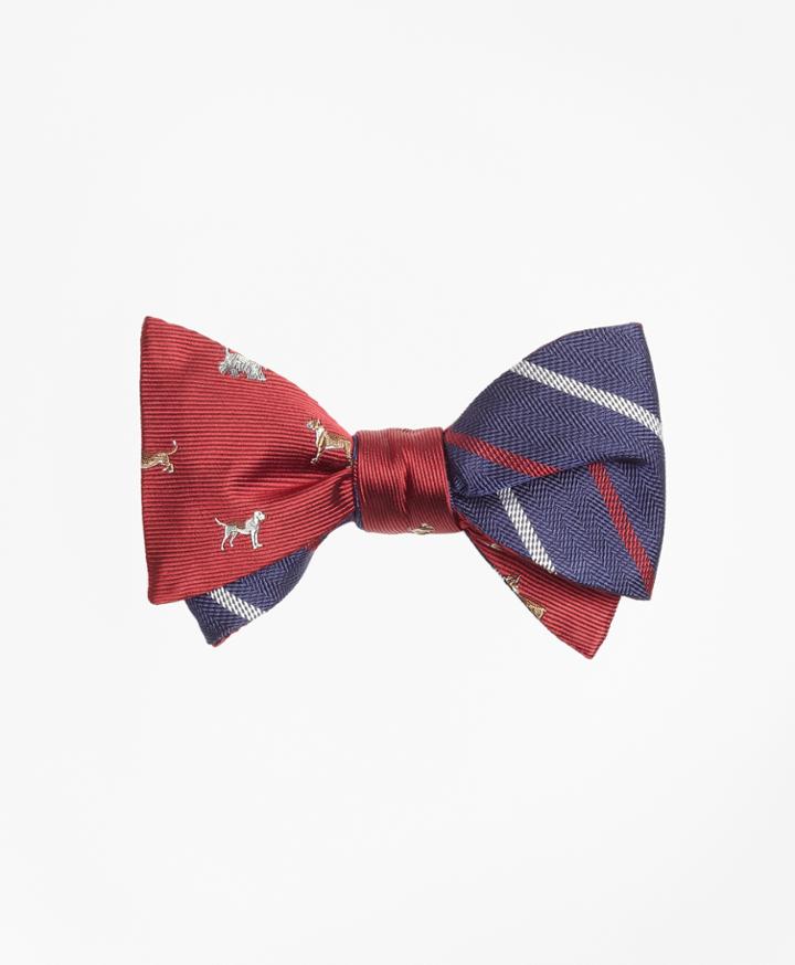 Brooks Brothers Men's Dog Motif Print With Textured Alternating Stripe Reversible Bow Tie