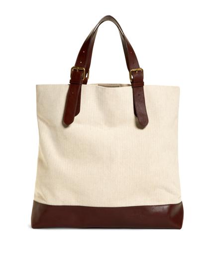 Brooks Brothers Herringbone Canvas And Leather Tote