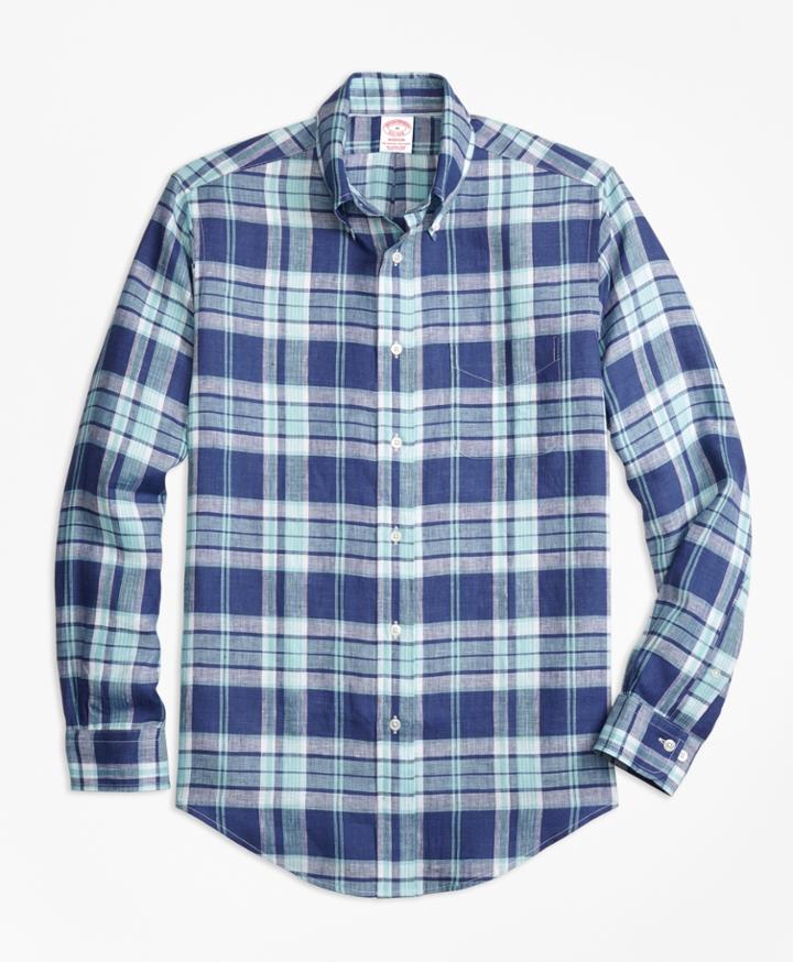 Brooks Brothers Men's Madison Fit Blue Plaid Irish Linen Sport Shirt
