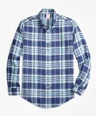 Brooks Brothers Men's Madison Fit Blue Plaid Irish Linen Sport Shirt