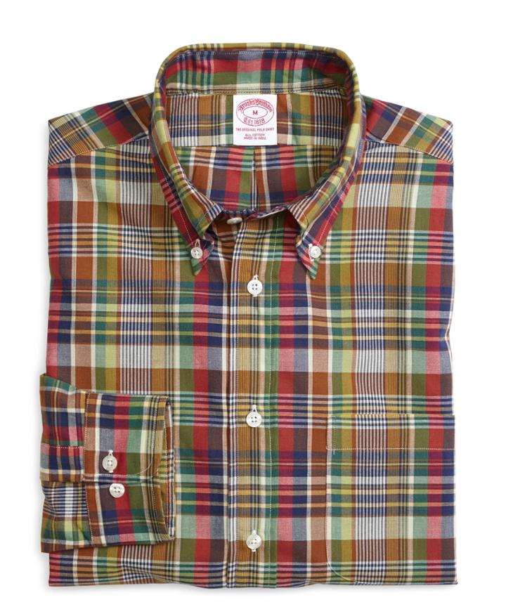 Brooks Brothers Men's Regular Fit Green And Brown Madras Sport Shirt