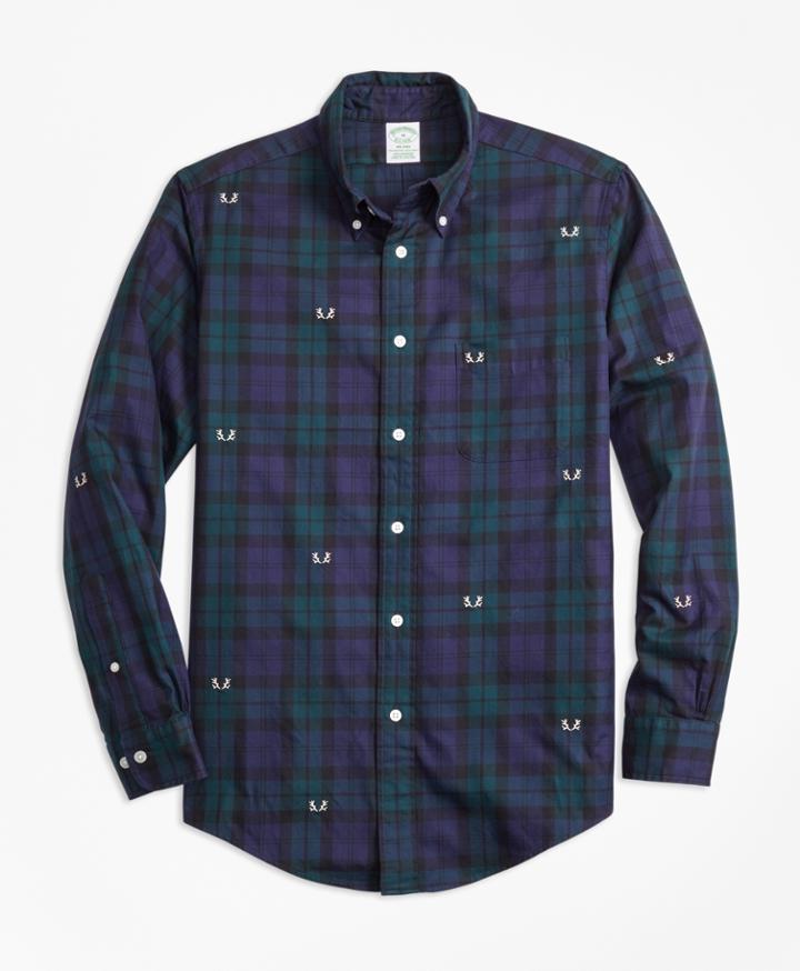 Brooks Brothers Men's Non-iron Milano Fit Black Watch With Antler Embroidered Sport Shirt