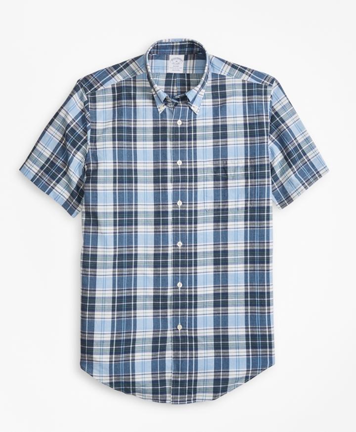 Brooks Brothers Men's Regent Fit Blue Madras Short-sleeve Sport Shirt