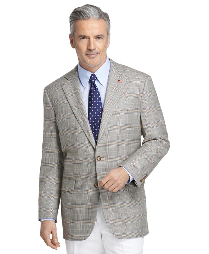 Brooks Brothers Men's Madison Fit Saxxon Tan Plaid With Blue Rust Deco Sport Coat