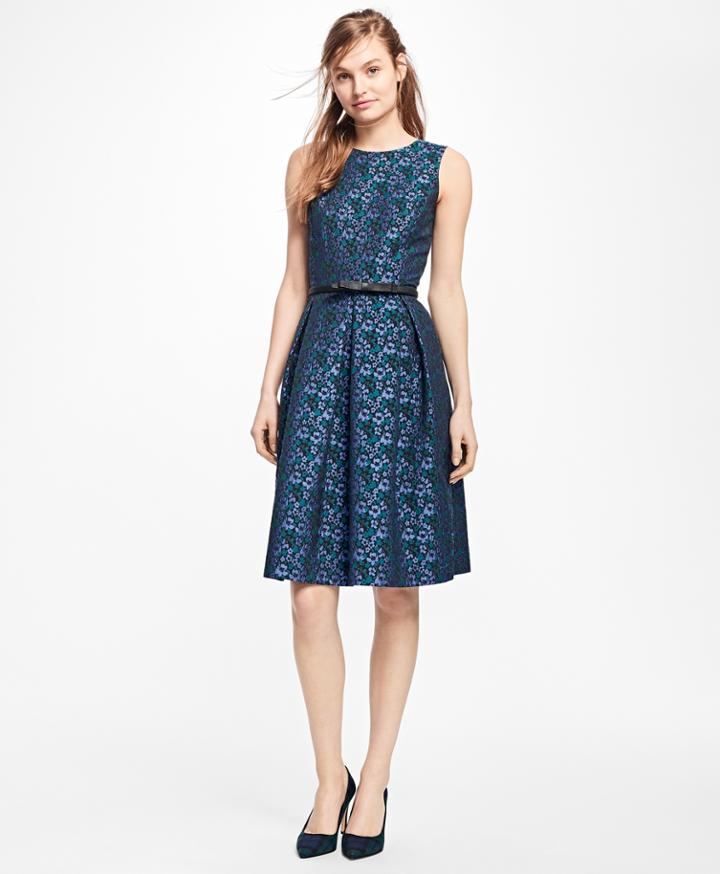 Brooks Brothers Women's Sleeveless Floral Jacquard Pleated Dress