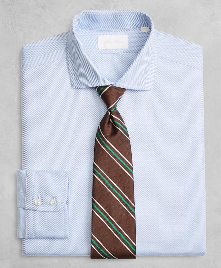 Brooks Brothers Men's Golden Fleece Slim Fitted Dress Shirt, English Collar Blue Herringbone