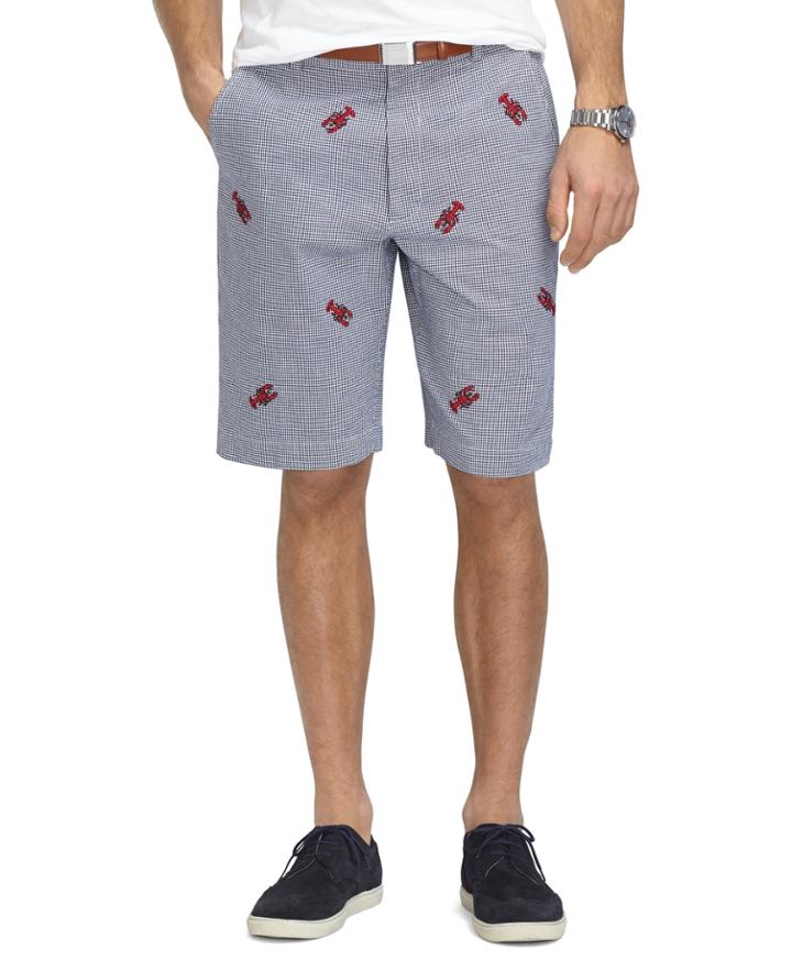 Brooks Brothers Men's 11 Mini Gingham With Embroidered Lobster Bermuda Shorts