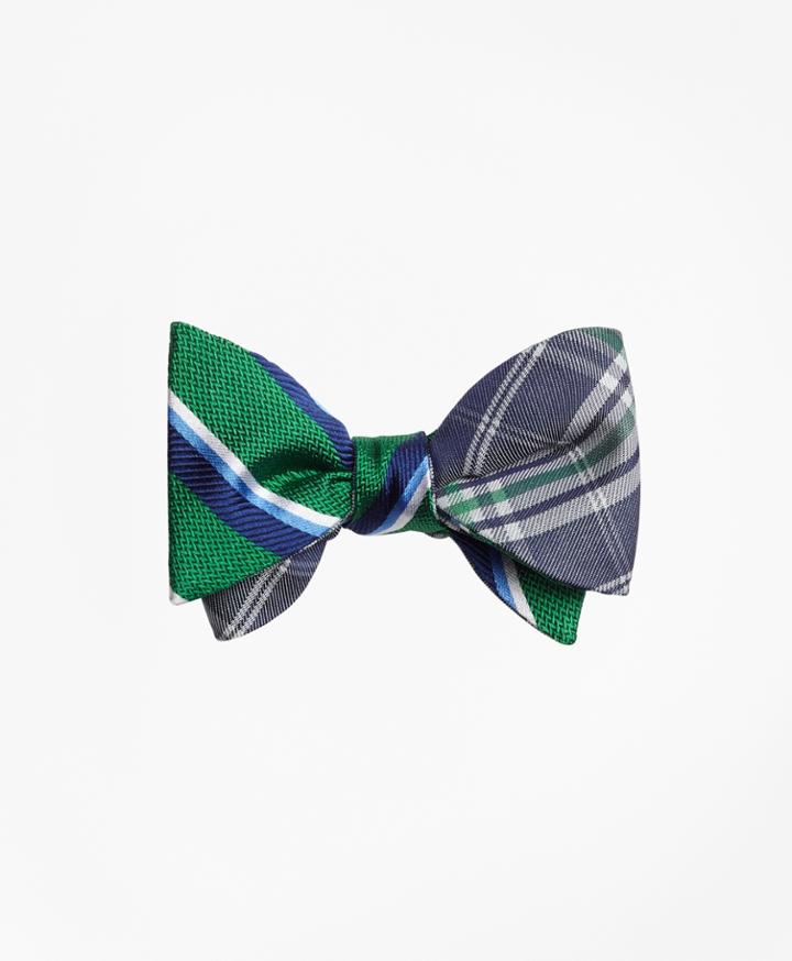 Brooks Brothers Men's Sidewheeler Double Stripe With Plaid Reversible Bow Tie