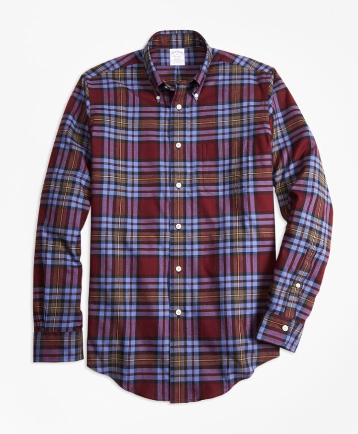 Brooks Brothers Men's Regent Fit Burgundy Plaid Flannel Sport Shirt