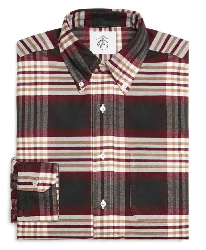 Brooks Brothers Men's Khaki Burgundy And Green Plaid Button-down Shirt