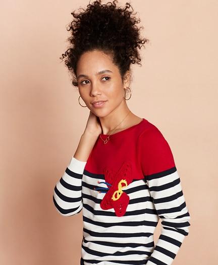 Brooks Brothers Crochet Flower-trim Striped Merino Wool Sweater