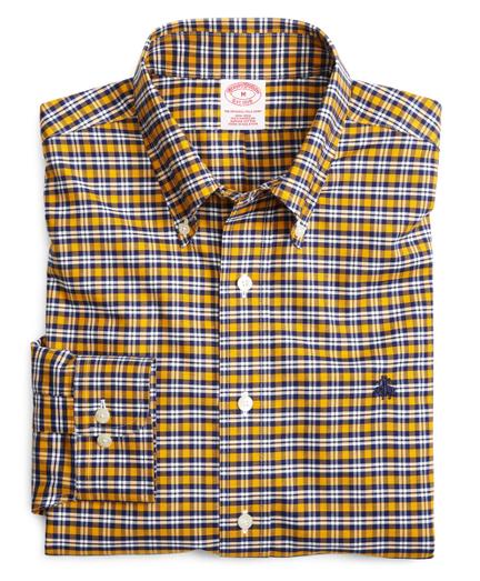 Brooks Brothers Supima Cotton Non-iron Regular Fit Yellow With Blue Check  Sport Shirt