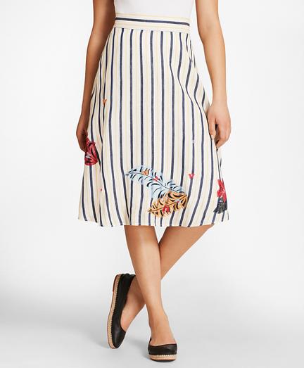 Brooks Brothers Floral-embroidered Striped Linen Skirt