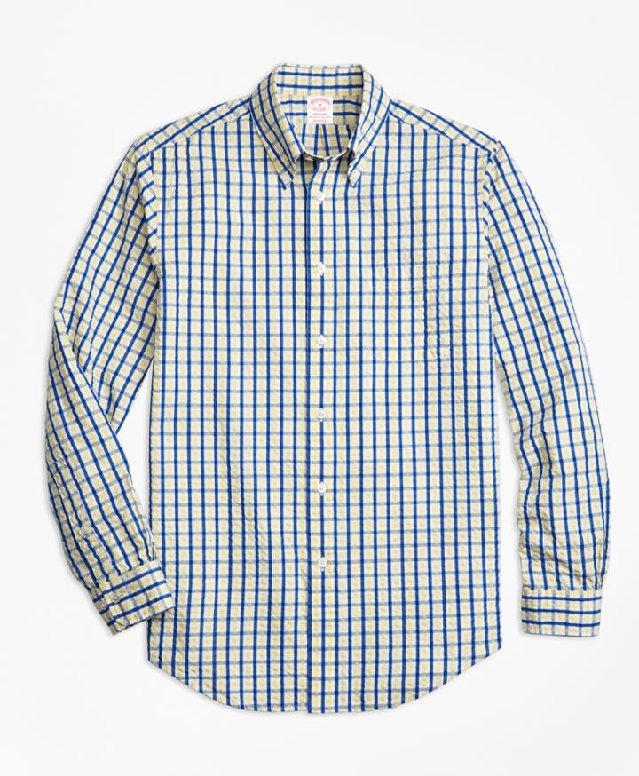 Brooks Brothers Men's Madison Fit Yellow Check Seersucker Sport Shirt