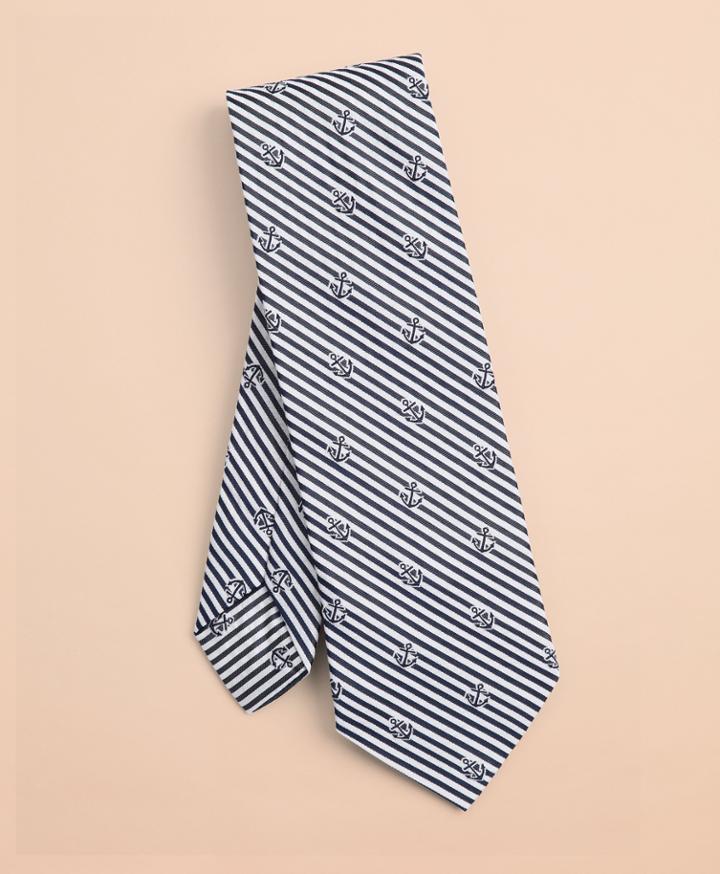 Brooks Brothers Men's Anchor Print Stripe Silk Tie