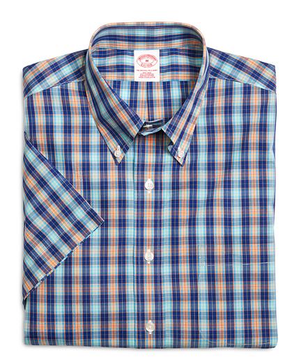 Brooks Brothers Supima Cotton Non-iron Regular Fit Aqua And Orange Plaid Short-sleeve Sport Shirt