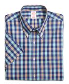 Brooks Brothers Supima Cotton Non-iron Regular Fit Aqua And Orange Plaid Short-sleeve Sport Shirt