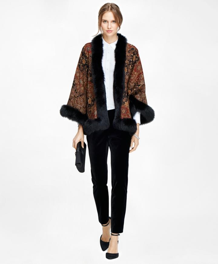 Brooks Brothers Women's Cashmere Paisley Ruana With Fox Fur Trim
