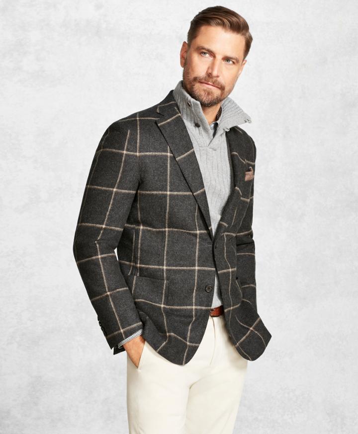 Brooks Brothers Men's Golden Fleece Charcoal With Camel Windowpane Sport Coat