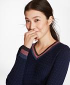 Brooks Brothers Women's Shimmer-stripe Cable-knit Supima Cotton V-neck Sweater