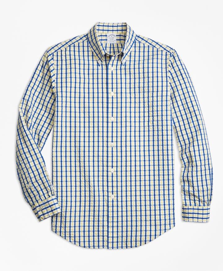 Brooks Brothers Men's Regent Fit Yellow Check Seersucker Sport Shirt