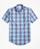 Brooks Brothers Men's Non-iron Regent Fit Red And Blue Plaid Short-sleeve Sport Shirt