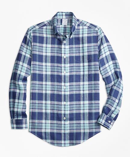 Brooks Brothers Regent Fit Blue Plaid Irish Linen Sport Shirt