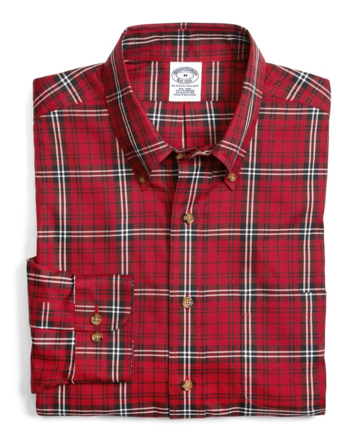 Brooks Brothers Men's Supima Cotton Slim Fit Non-iron Red With White Tartan Sport Shirt