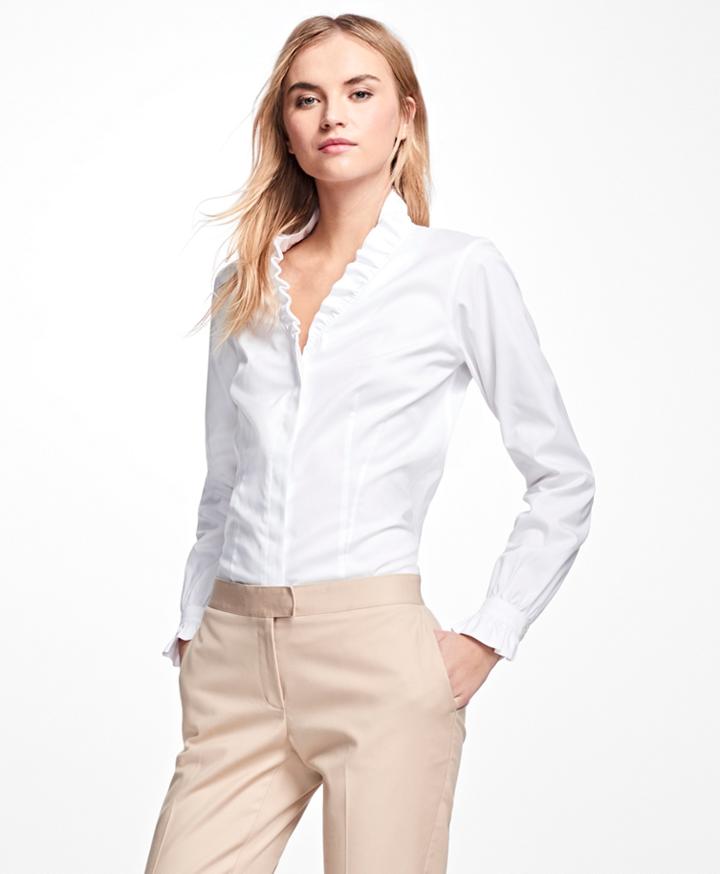 Brooks Brothers Women's Petite Non-iron Ruffle Pinpoint Oxford Dress Shirt