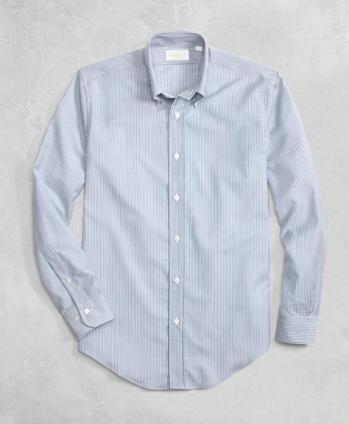 Brooks Brothers Men's Golden Fleece Brookstech Lightweight Wool Blue And White Stripe Sport Shirt