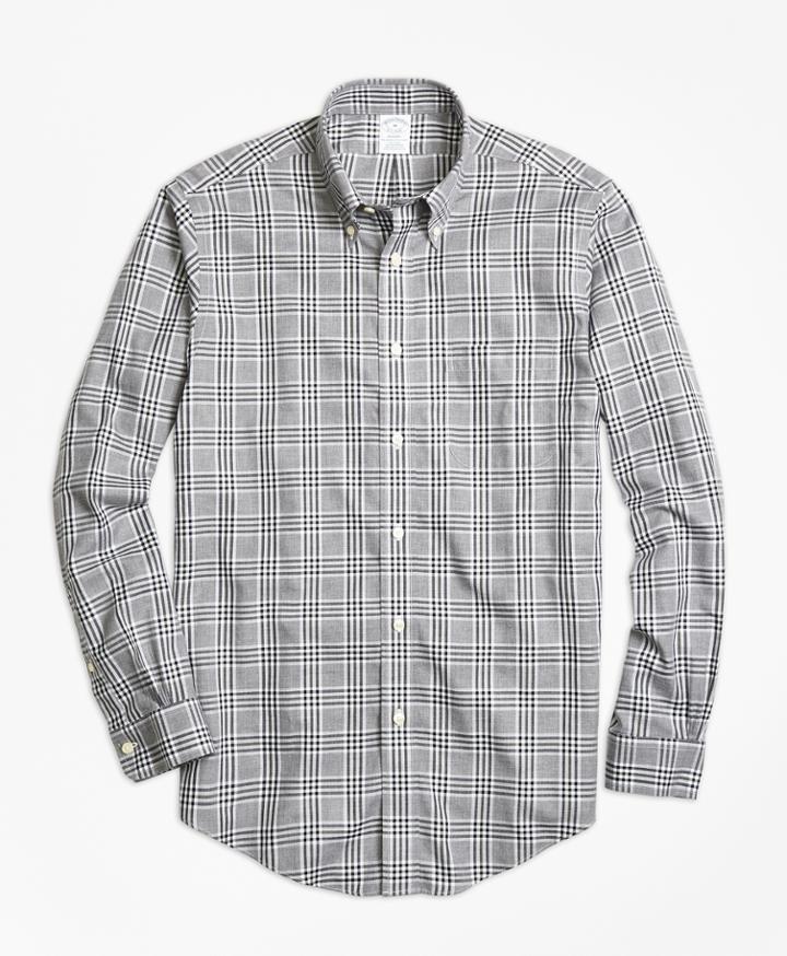 Brooks Brothers Men's Non-iron Regent Fit Grey Heathered Plaid Sport Shirt