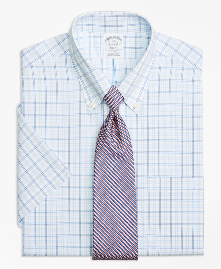 Brooks Brothers Men's Non-iron Slim Fit Alternating Twin Tattersall Short-sleeve Dress Shirt