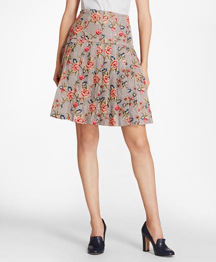 Brooks Brothers Floral-embroidered Mini-houndstooth Cotton Pleated Skirt