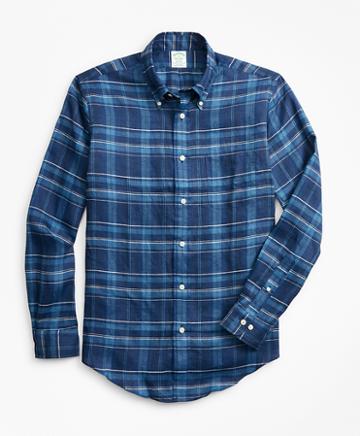 Brooks Brothers Milano Fit Large Plaid Irish Linen Sport Shirt