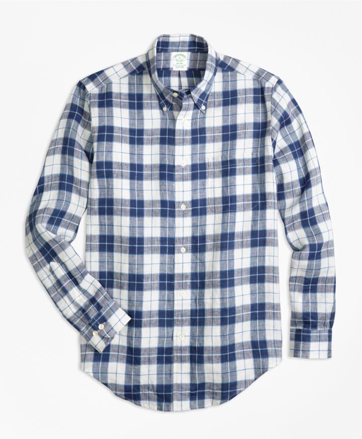 Brooks Brothers Men's Milano Fit Grid Check Irish Linen Sport Shirt
