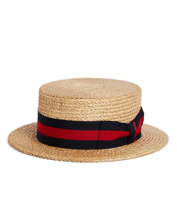 Brooks Brothers Men's The Great Gatsby Collection Straw Boater Hat With Red And Navy Striped Ribbon