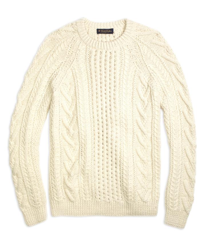 Brooks Brothers Men's Handknit Aran Cable Crewneck Sweater