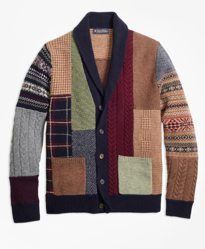 Brooks Brothers Men's Lambswool Patchwork Shawl Collar Cardigan