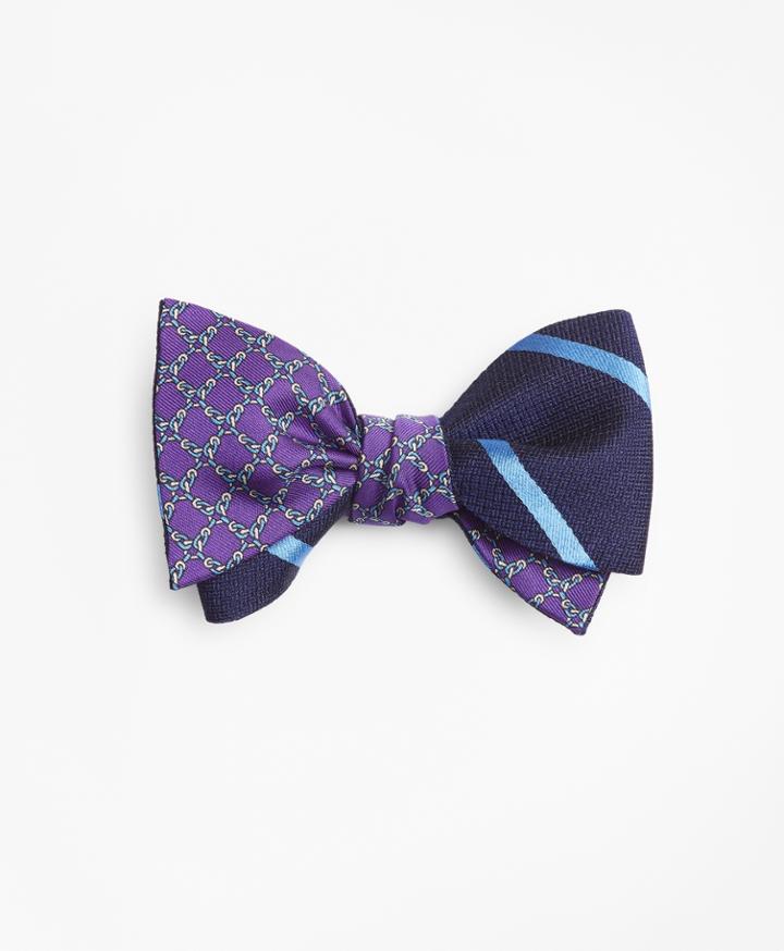 Brooks Brothers Men's Textured Bar Stripe With Square Link Print Reversible Bow Tie
