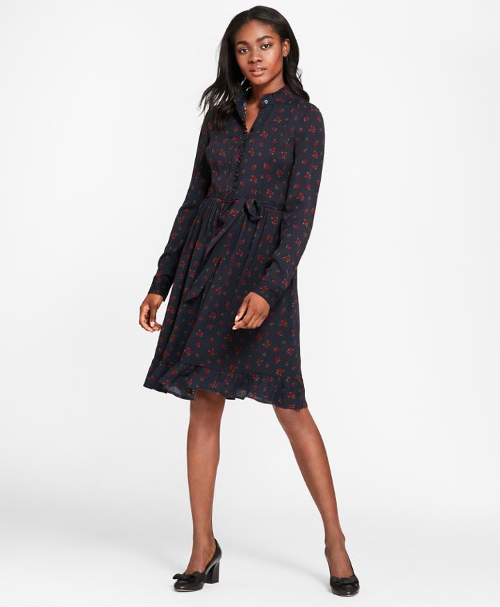 Brooks Brothers Women's Rose-print Crepe Ruffled Shirt Dress