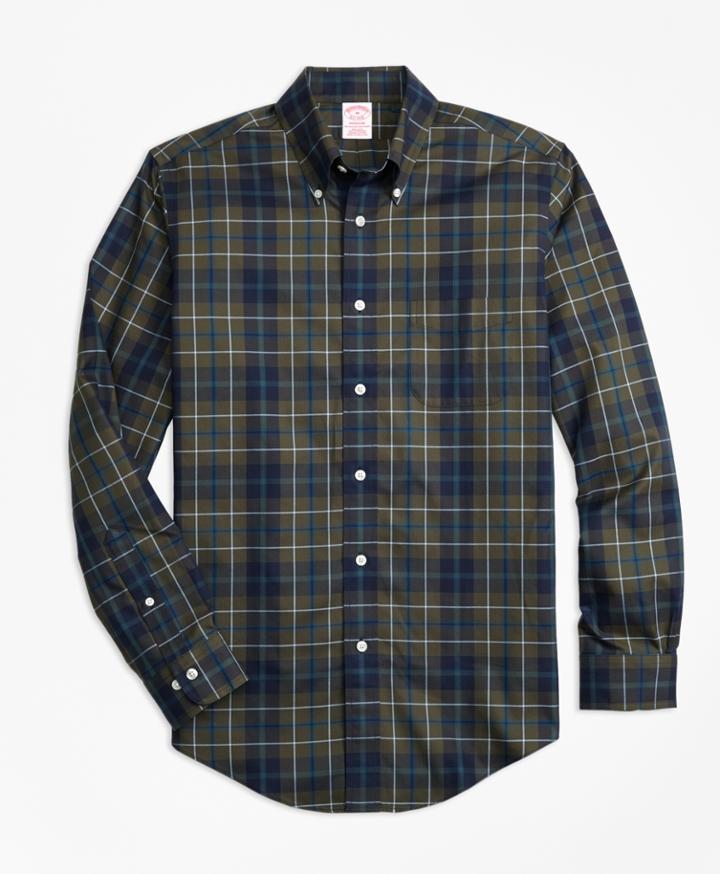Brooks Brothers Men's Non-iron Madison Fit Olive Plaid Sport Shirt