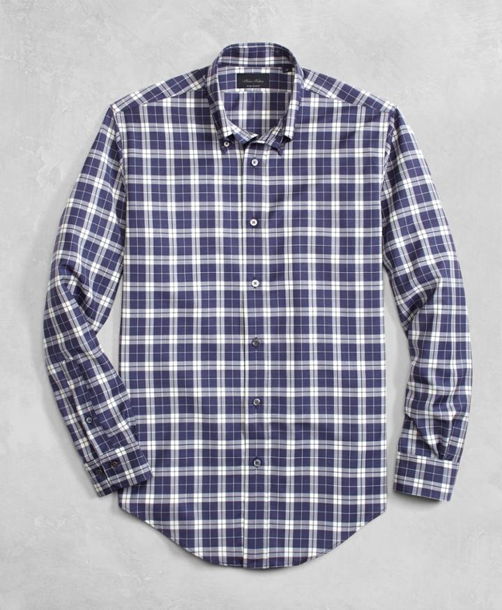 Brooks Brothers Men's Golden Fleece Brookstech Lightweight Wool Large Plaid Sport Shirt
