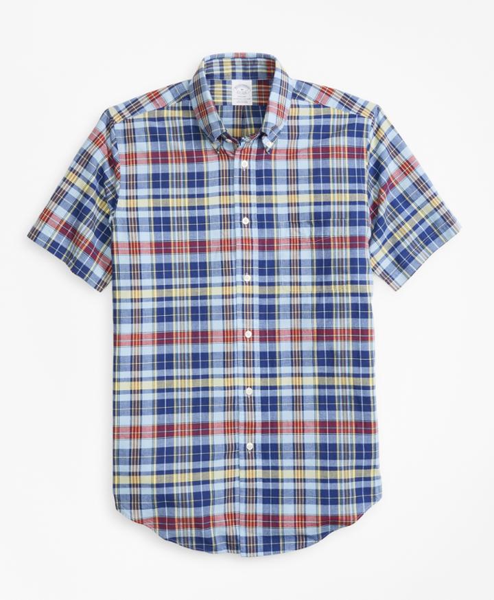 Brooks Brothers Men's Regent Fit Blue And Yellow Madras Short-sleeve Sport Shirt