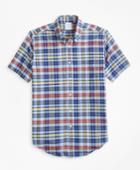 Brooks Brothers Men's Regent Fit Blue And Yellow Madras Short-sleeve Sport Shirt