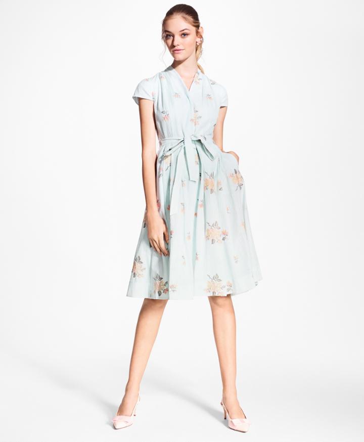 Brooks Brothers Women's Floral-embroidered Striped Cotton-silk Shirt Dress