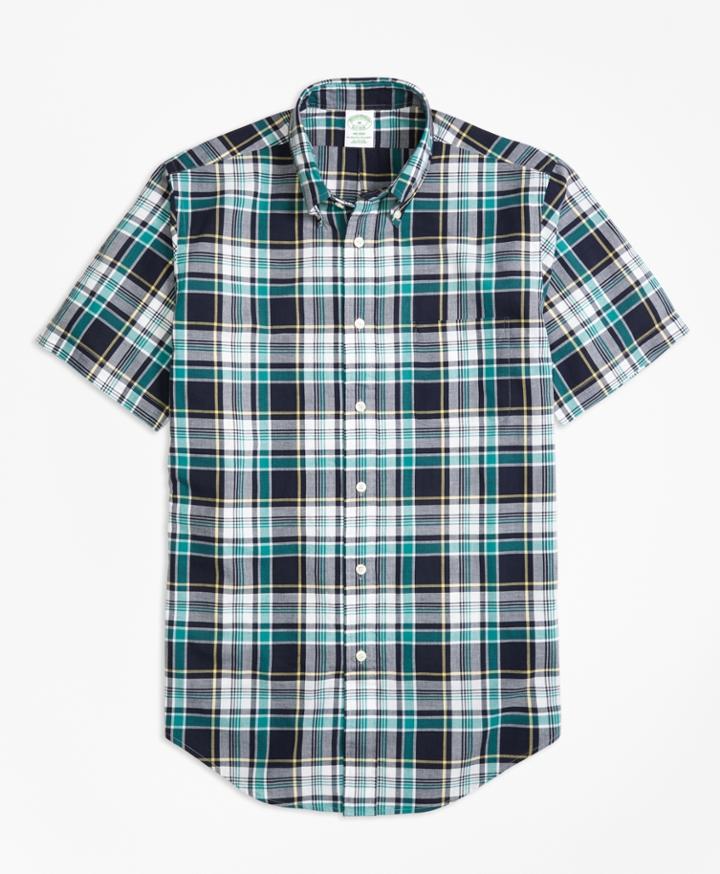 Brooks Brothers Men's Milano Fit Green Madras Short-sleeve Sport Shirt
