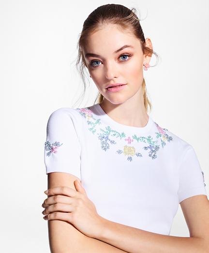 Brooks Brothers Floral-beaded Cotton Short-sleeve Sweater