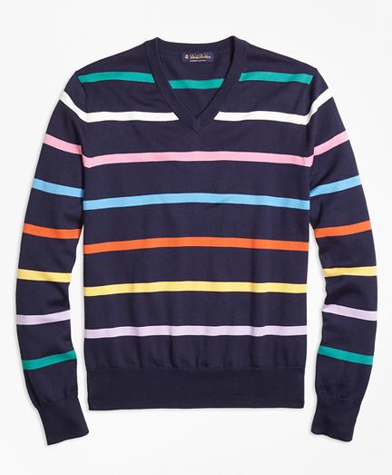 Brooks Brothers Supima Cotton Multi Stripe V-neck Sweater